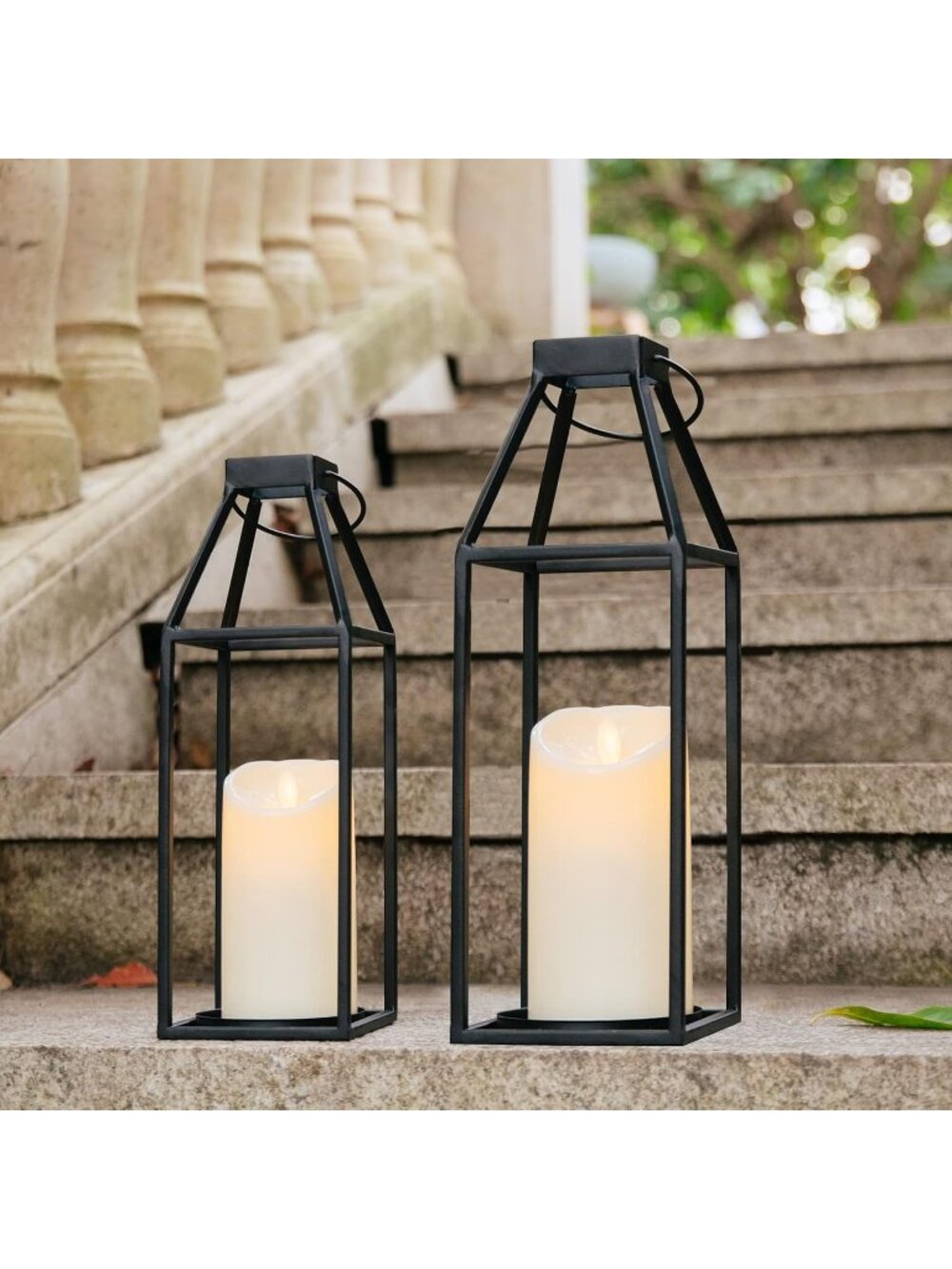 New Set of 2 Black Metal Farmhouse Lanterns with Timer LED Candles 17.4 15 Inch - Picture 2 of 7